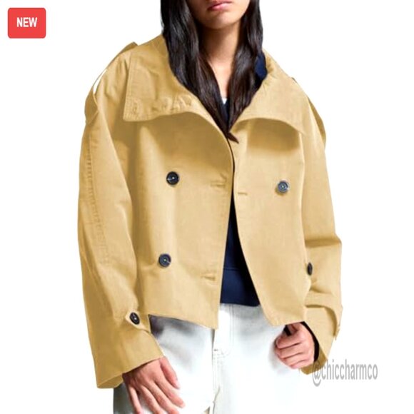 Cropped Trench Coat Double Breasted Belted Jacket Fall Winter Outerwear - Picture 4 of 6